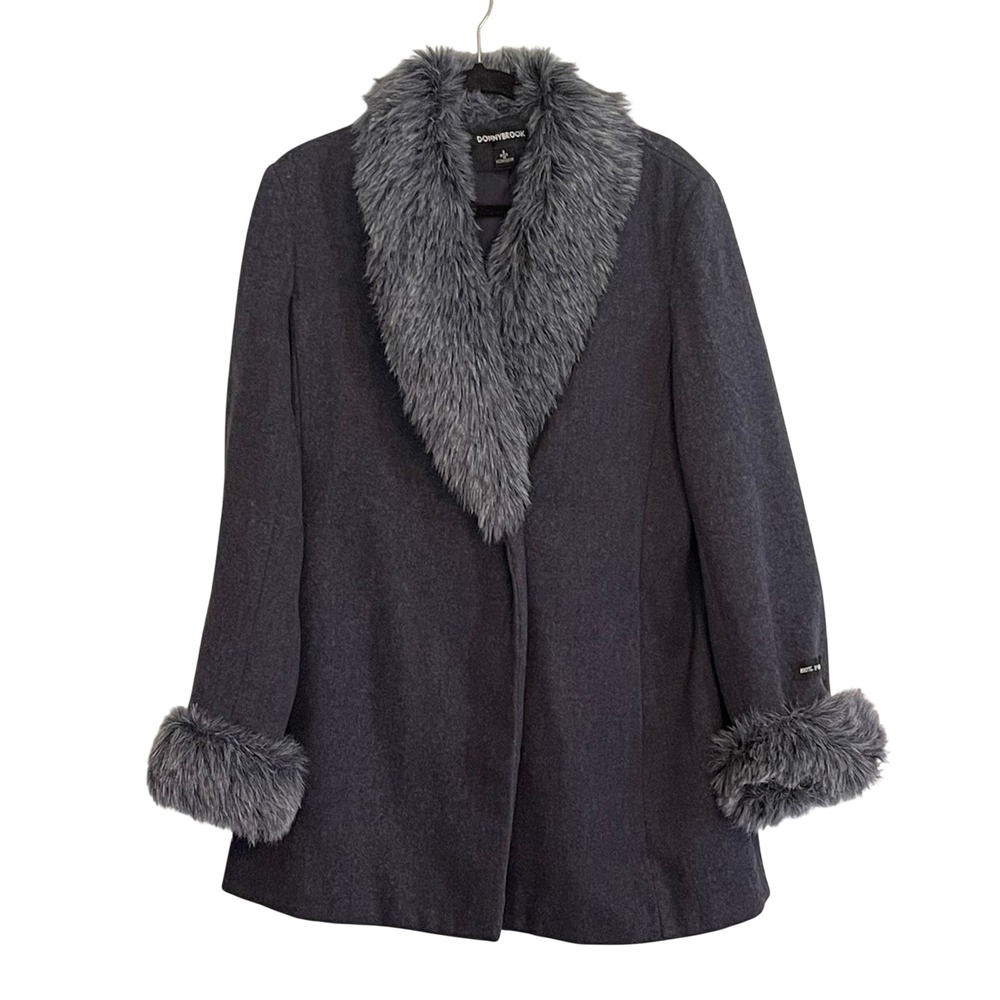 Donnybrook Womens Navy Blue 100% Pure Wool Faux Fur Trim Coat Jacket Size 8